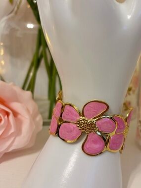 Pink Enamel Floral Statement Cuff Bracelet Gold Tone Adjustable